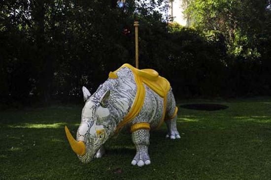 Raqs Media Collective, However Incongruous, 2011, fiberglas sulpture of a 3D rendition of Albrecht Durer's Rhinoceros transformed into a carousel carriage, (length: 10.5’, height: 5.25’, girth: 3’). Site-specific work for the Gulbenkian Foundation gardens in Lisbon.. Courtesy the artists' website.